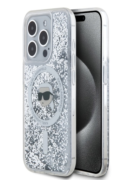Karl Lagerfeld Karl Lagerfeld Liquid Glitter Karl Head MagSafe Zadní Kryt pro iPhone 15 Pro Max Transparent