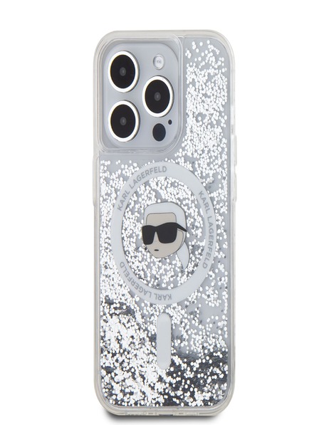 Karl Lagerfeld Karl Lagerfeld Liquid Glitter Karl Head MagSafe Zadní Kryt pro iPhone 15 Pro Max Transparent