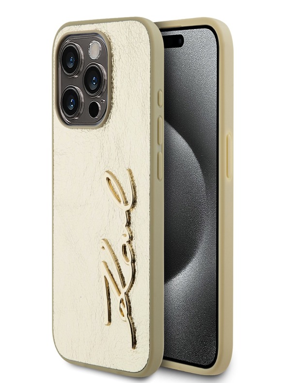 Karl Lagerfeld Wrinkled PU Signature Logo Zadní Kryt pro iPhone 15 Pro Gold Karl Lagerfeld