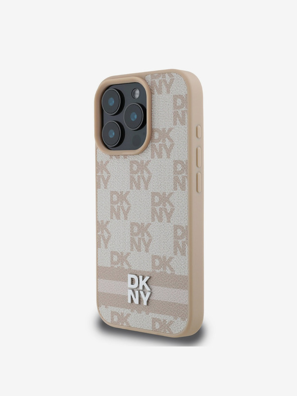 DKNY DKNY PU Leather Checkered Pattern and Stripe Zadní Kryt pro iPhone 16 Pro Pink
