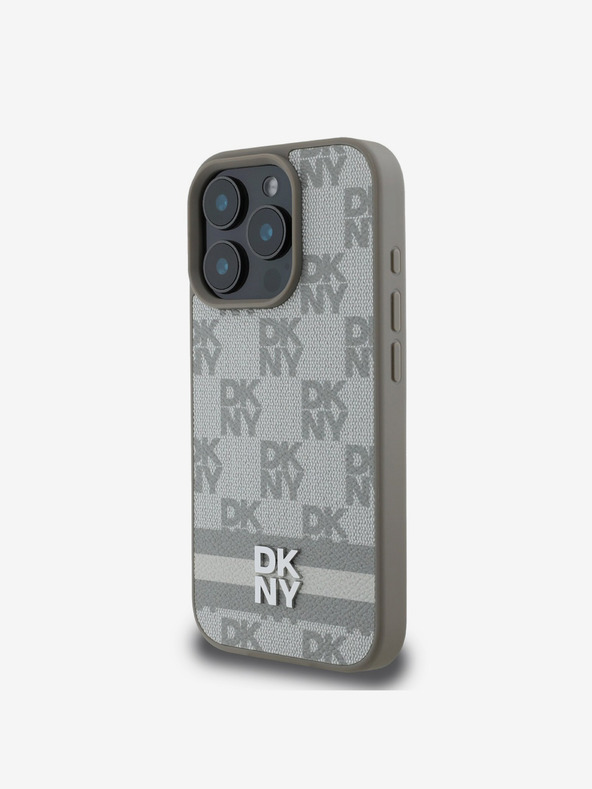 DKNY DKNY PU Leather Checkered Pattern and Stripe Zadní Kryt pro iPhone 16 Pro Max Beige
