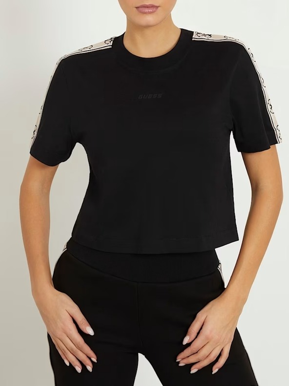 Guess Jeans Dámske čierne tričko s logom na ramenách Guess jeans