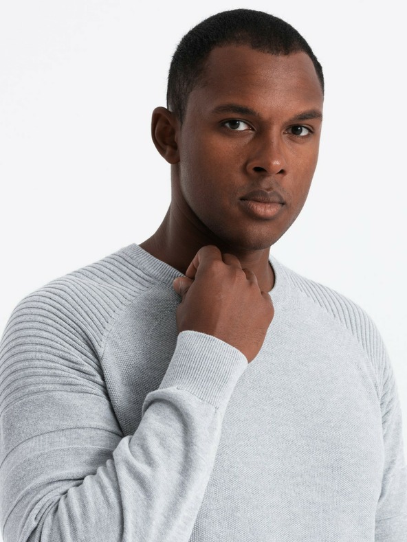 Ombre Clothing Pánský raglánový svetr s žebrovanými rukávy šedý melír Ombre Clothing