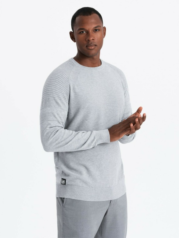 Ombre Clothing Pánský raglánový svetr s žebrovanými rukávy šedý melír Ombre Clothing