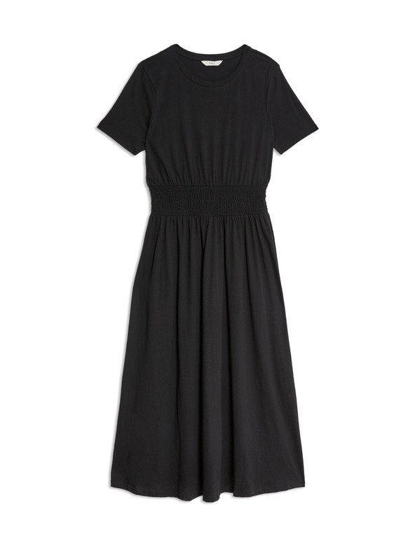 Marks & Spencer Řasené midi šaty se zvýrazněným pasem, z čisté bavlny Marks & Spencer černá