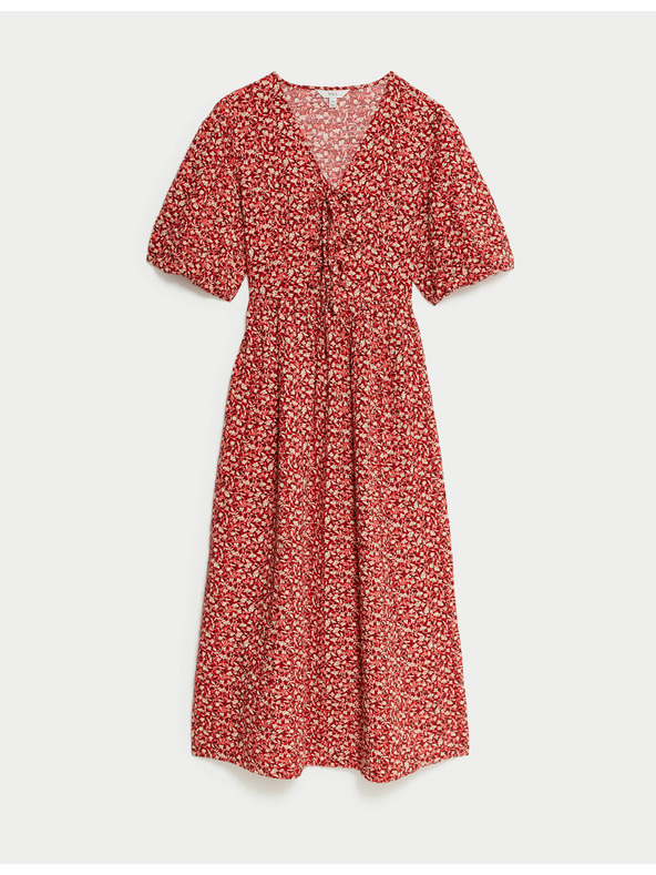 Marks & Spencer Květované midi šaty s výstřihem do V a zvýrazněným pasem, s vysokým podílem bavlny Marks & Spencer červená