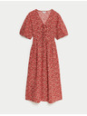 Marks & Spencer Květované midi šaty s výstřihem do V a zvýrazněným pasem, s vysokým podílem bavlny Marks & Spencer červená