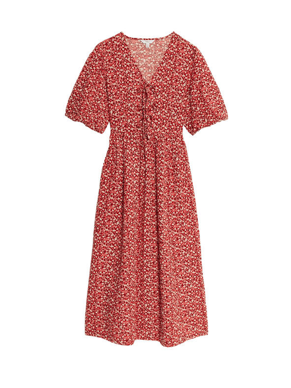 Marks & Spencer Květované midi šaty s výstřihem do V a zvýrazněným pasem, s vysokým podílem bavlny Marks & Spencer červená