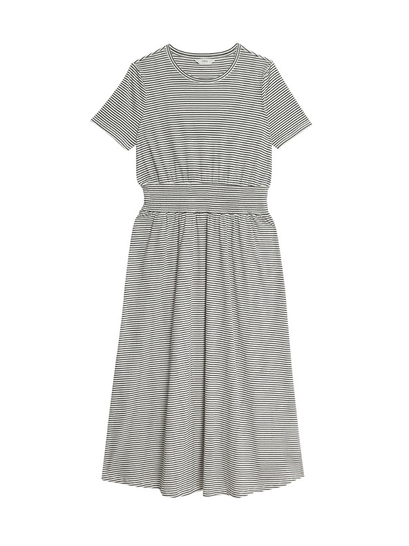 Marks & Spencer Pruhované řasené midi šaty z čisté bavlny Marks & Spencer námořnická modrá