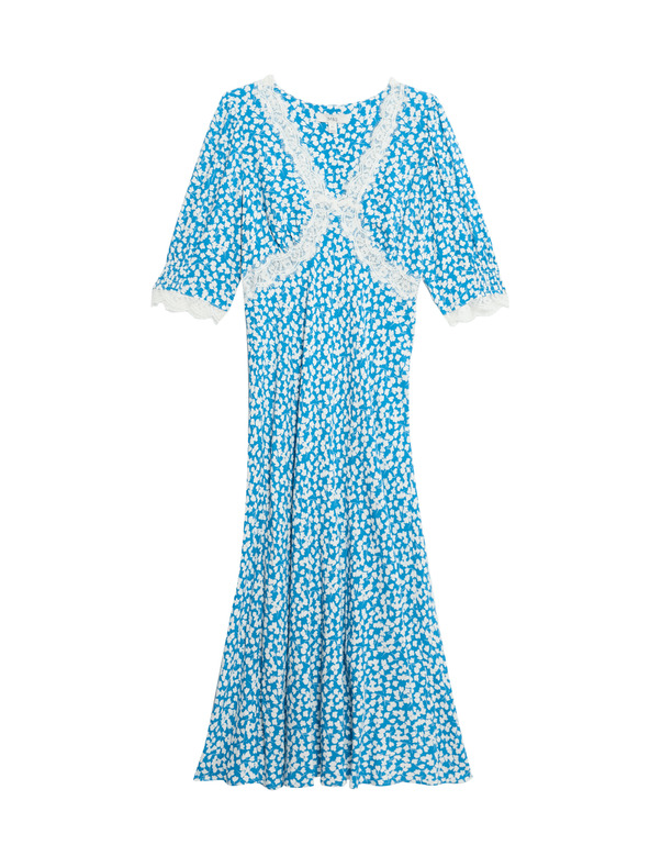 Marks & Spencer Neformální Midaxi šaty s potiskem, výstřihem do V a krajkovou vsadkou Marks & Spencer modrá