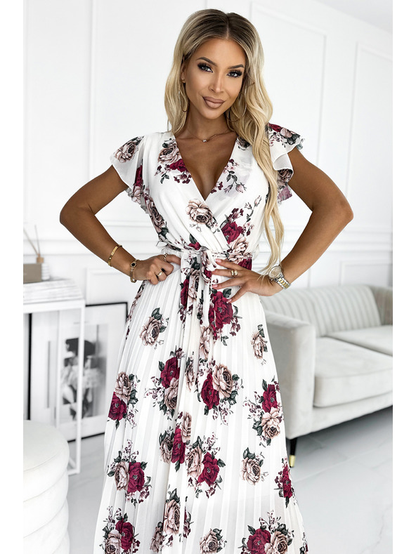 numoco Plisované midi šaty s výstřihem a volány - tmavě červené růže