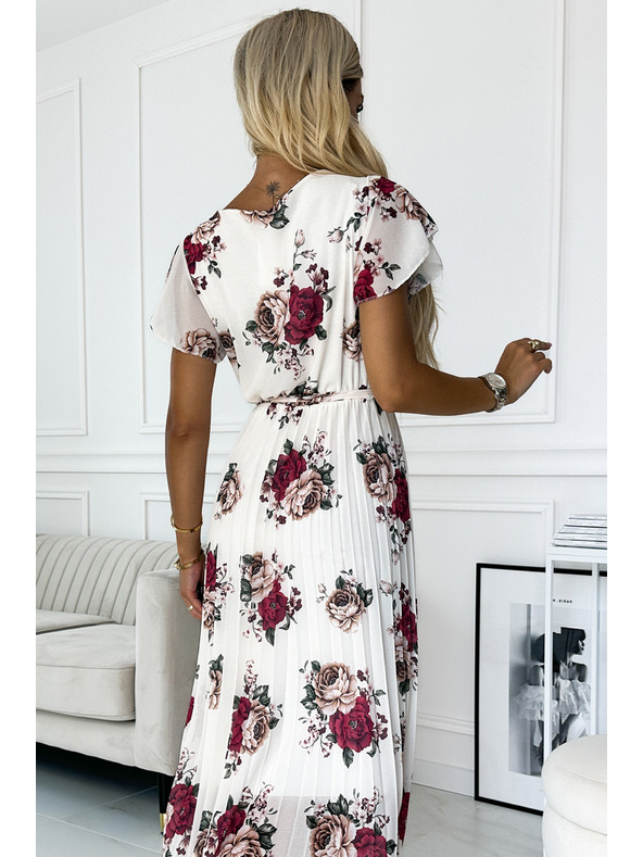 numoco Plisované midi šaty s výstřihem a volány - tmavě červené růže