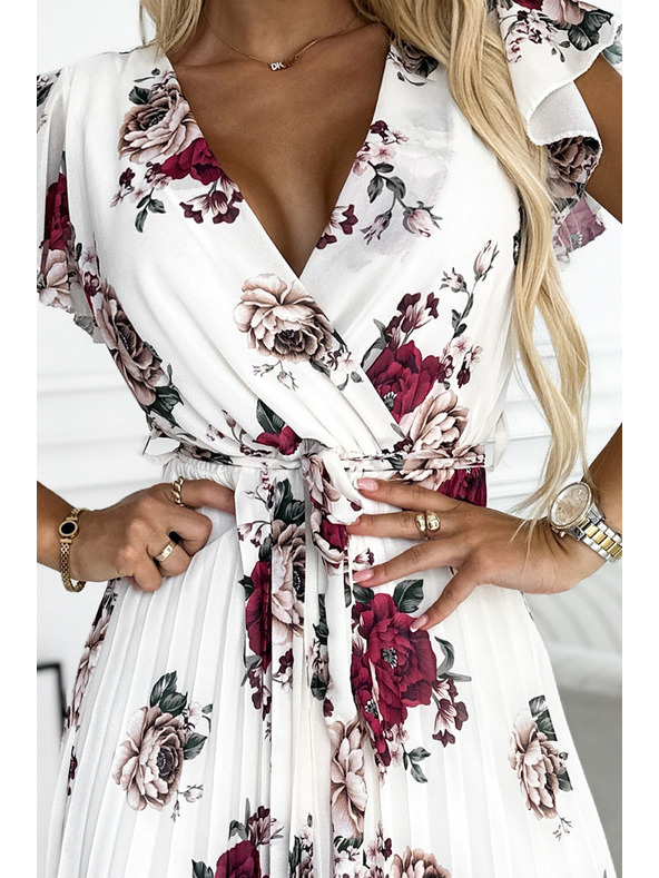 numoco Plisované midi šaty s výstřihem a volány - tmavě červené růže