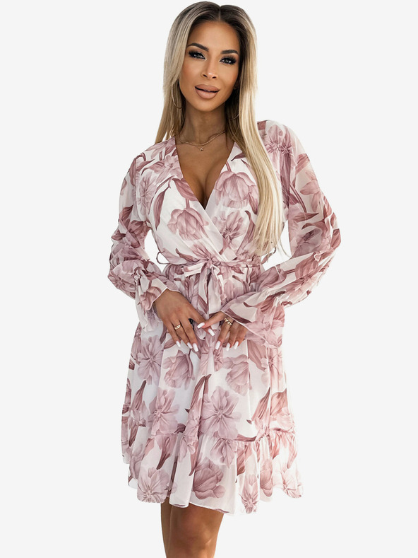 numoco Šifonové šaty s výstřihem, volány a páskem - béžové květy Numoco