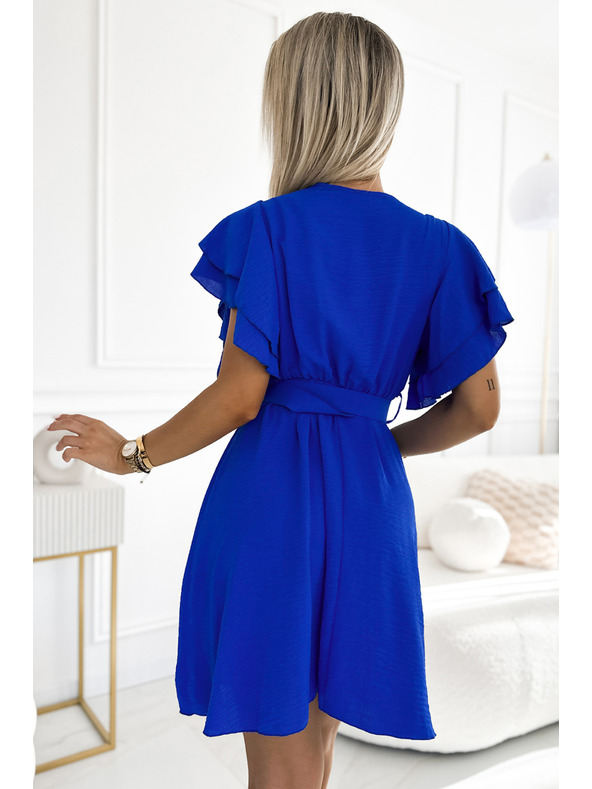 numoco Modré dámské šaty s psaníčkovým výstřihem, rukávy a páskem Numoco