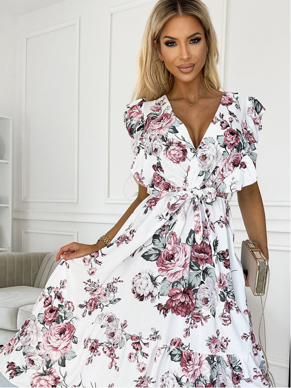 numoco Šaty s volánkem, výstřihem a zavazováním - bílé s vínovými růžemi Numoco GABRIELLA