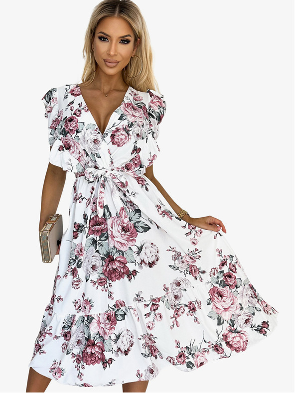 numoco Šaty s volánkem, výstřihem a zavazováním - bílé s vínovými růžemi Numoco GABRIELLA