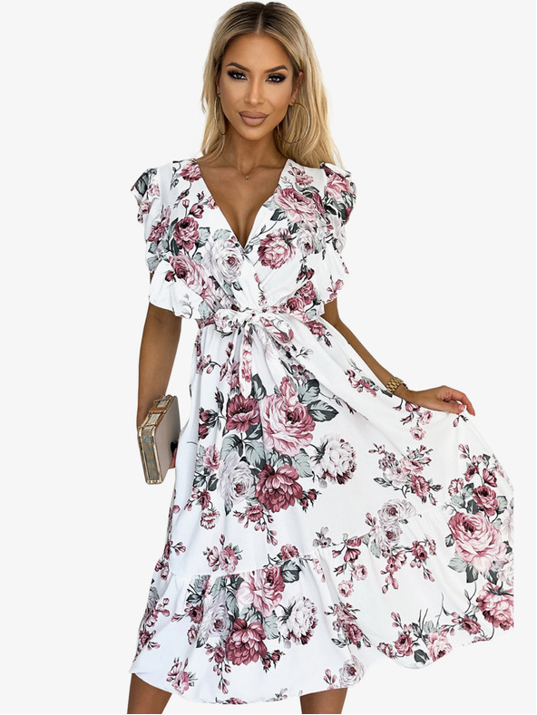 numoco Šaty s volánkem, výstřihem a zavazováním - bílé s vínovými růžemi Numoco GABRIELLA