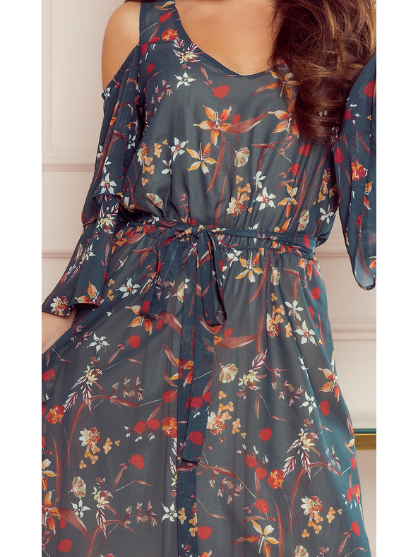 numoco Zelené dámské květované šaty s výstřihem Numoco