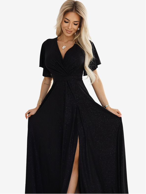 numoco Černé dámské lesklé dlouhé šaty s rukávy a výstřihem Numoco