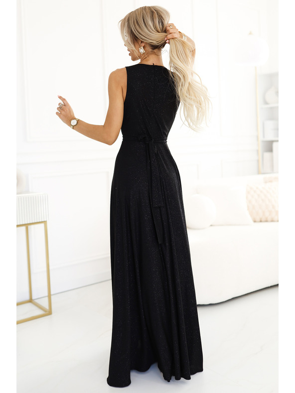 numoco Černé dámské dlouhé saténové šaty s výstřihem a rozparkem Numoco