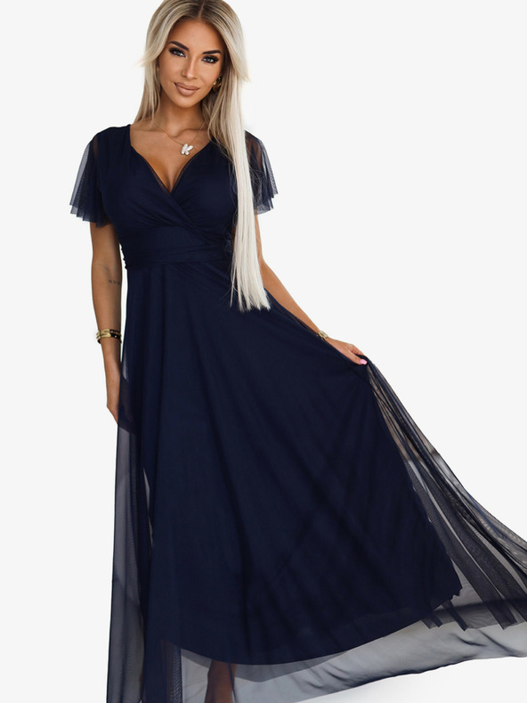 numoco NASTIA Dlouhé šaty s výstřihem a krátkými rukávy - námořnická modř Numoco