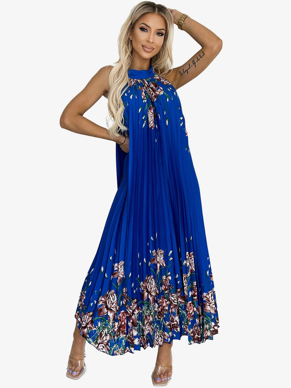 numoco Plisované saténové maxi šaty - modrá s květinami Numoco ESTER
