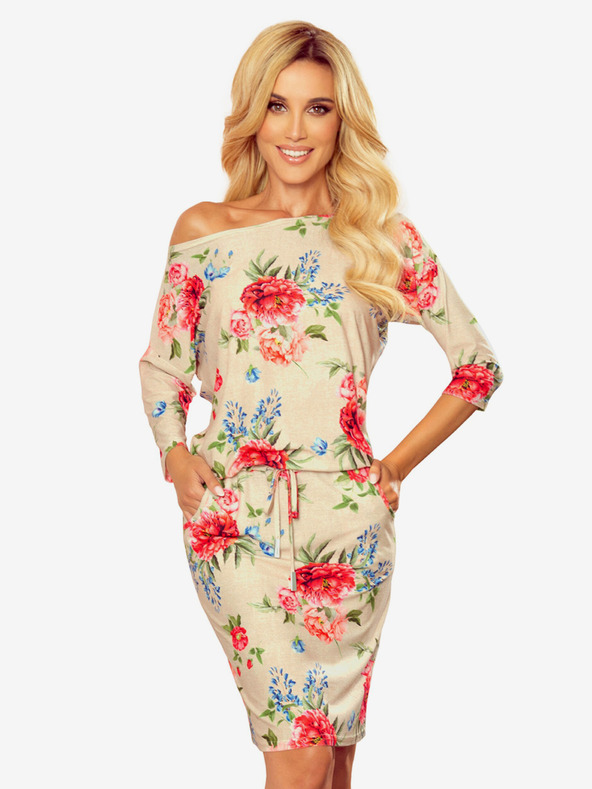 numoco Sportovní šaty s kapsami - béžové prádlo + červené květy Numoco