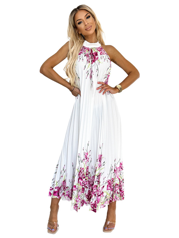numoco Plisované saténové maxi šaty - bílé s růžovými květy Numoco ESTER