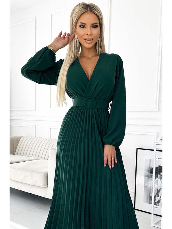 numoco VIVIANA Plisované midi šaty s výstřihem, dlouhým rukávem a širokým páskem - zelené Numoco