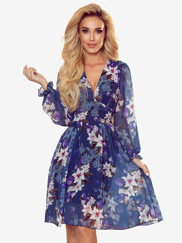 numoco Šifonové šaty s výstřihem - tmavě modrá s květinami Numoco FRANCES