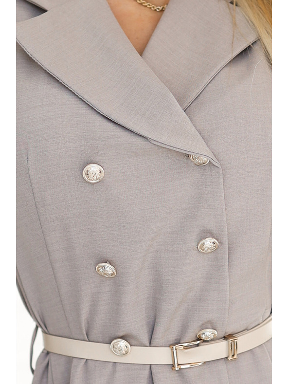 numoco Elegantní midi košilové šaty se zlatými knoflíky a páskem - šedobéžová