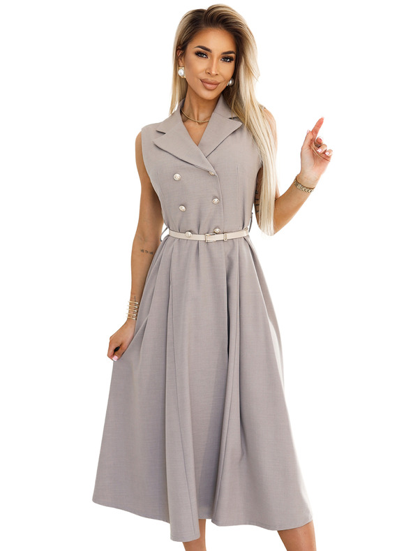 numoco Elegantní midi košilové šaty se zlatými knoflíky a páskem - šedobéžová