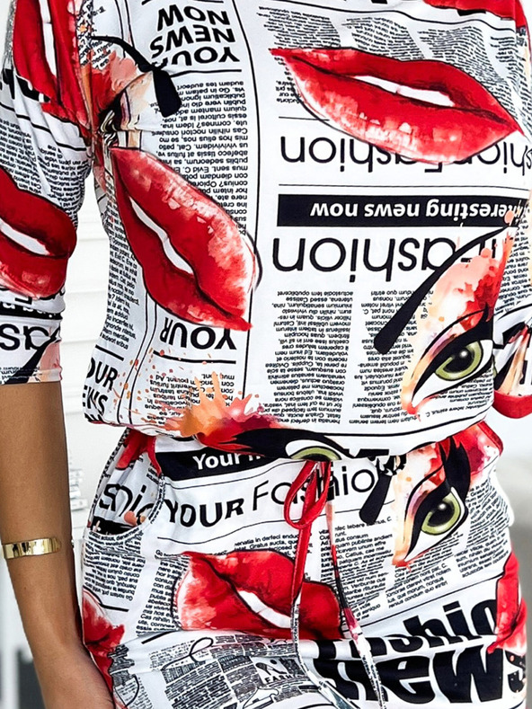 numoco Sportovní šaty s kapsami - bílé s červenými rty Numoco