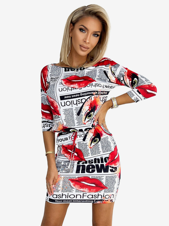 numoco Sportovní šaty s kapsami - bílé s červenými rty Numoco