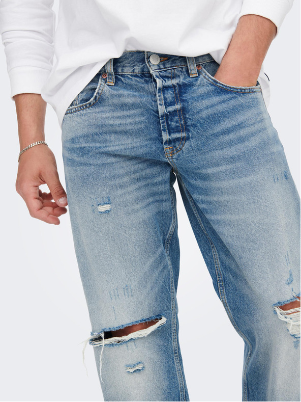 ONLY & SONS Modré loose fit džíny s potrhaným efektem ONLY & SONS Edge
