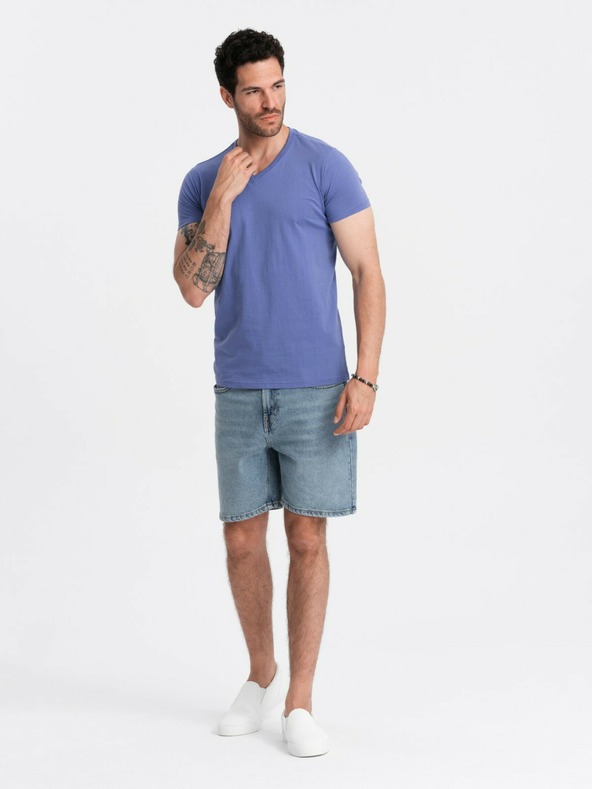 Ombre Clothing Bavlněné klasické pánské tričko BASIC s výstřihem do V - fialové V12 OM-TSBS-0145 Ombre Clothing