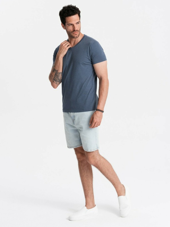 Ombre Clothing Pánské klasické bavlněné tričko BASIC s výstřihem do V - modrý melír V18 OM-TSBS-0145 Ombre Clothing