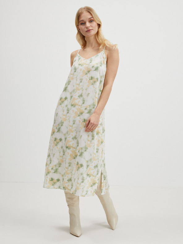 Vila Béžovo-zelené dámské vzorované midišaty VILA Barina