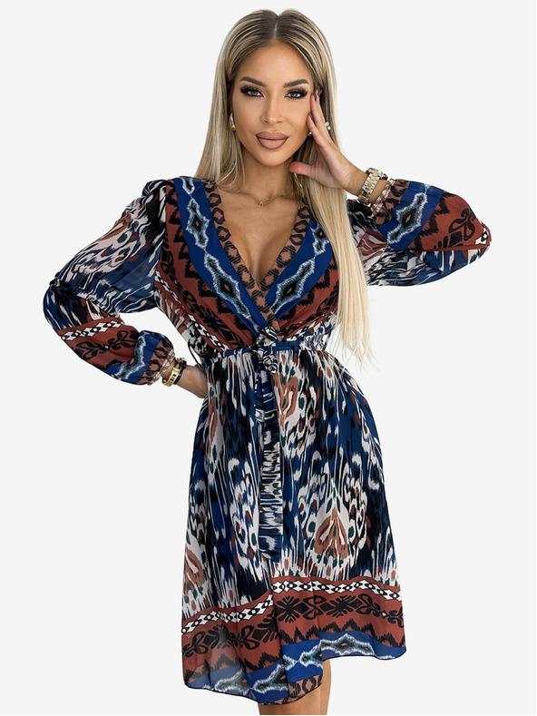 numoco Šifonové šaty s výstřihem a dlouhým rukávem - indický vzor Numoco