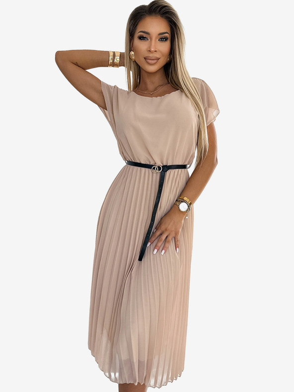 numoco Plisované midi šaty s černým páskem - béžové Numoco