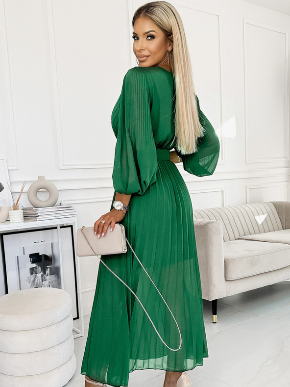 numoco 414-3 KLARA řasené šaty s páskem a výstřihem - zelená