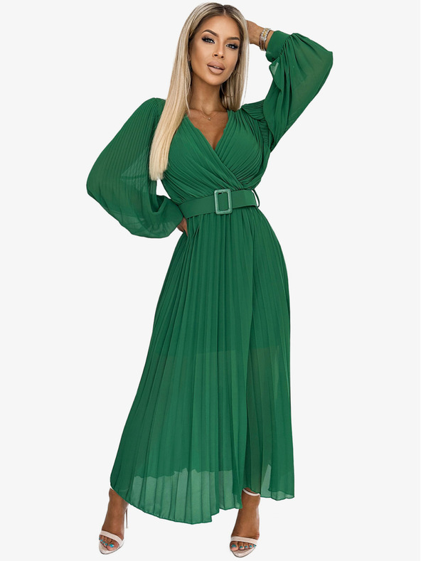 numoco 414-3 KLARA řasené šaty s páskem a výstřihem - zelená