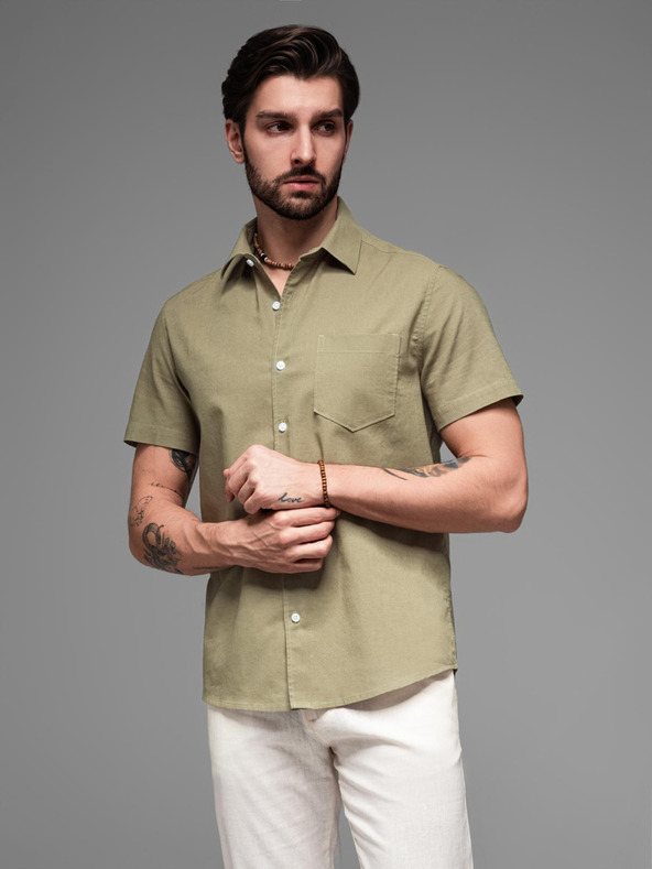 Ombre Clothing Pánská košile s krátkým rukávem a kubánským límcem khaki Ombre Clothing