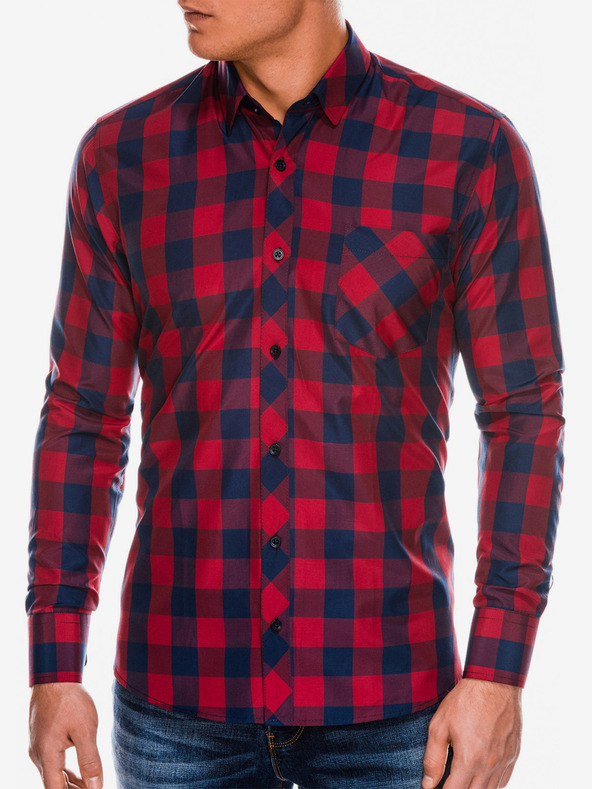 Ombre Clothing Pánská kostkovaná košile s dlouhým rukávem K282 - červená/námořnická modrá