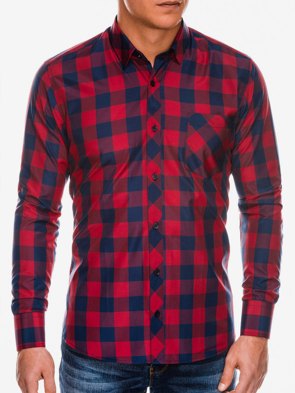Ombre Clothing Pánská kostkovaná košile s dlouhým rukávem K282 - červená/námořnická modrá