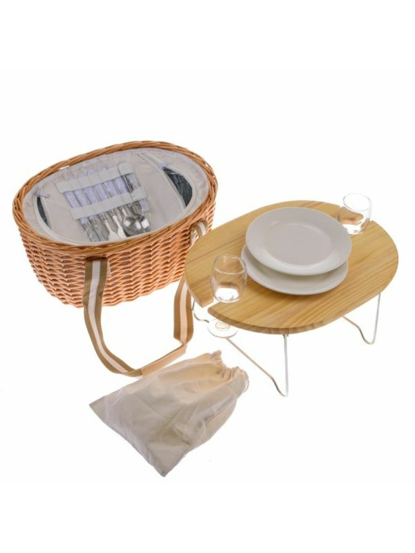Casa de Engel Proutěný piknikový koš s pevným víkem/stolem pro 2 osoby, s termoboxem, 0/2