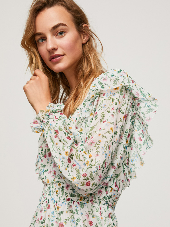 Pepe Jeans Krémové dámské květované krátké šaty s volánem Pepe Jeans Dina