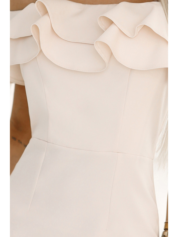 numoco 599-1 CARMEN Přiléhavé midi šaty ve španělském stylu - béžové