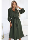 numoco 531-5 Midi košilové šaty se zlatými knoflíky a kravatou - KHAKI